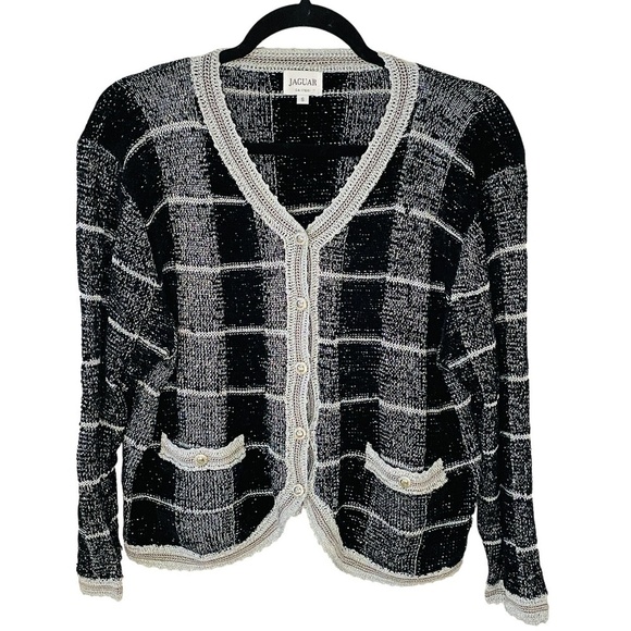 VINTAGE Black & White Plaid Silver Sparkle Cardigan Sweater SZ Small - Picture 1 of 12